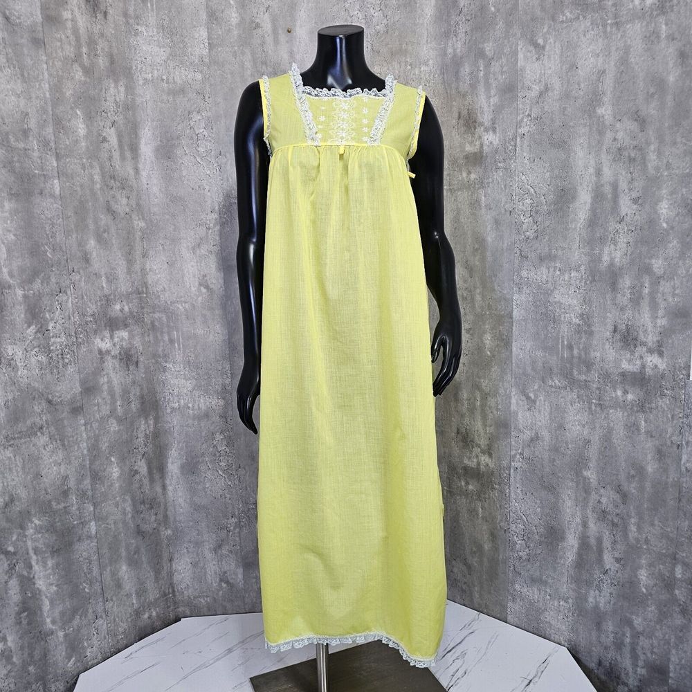 Vintage 70s Her Majesty Womens S Yellow Semi Sheer Poplin Cotton Nightgown